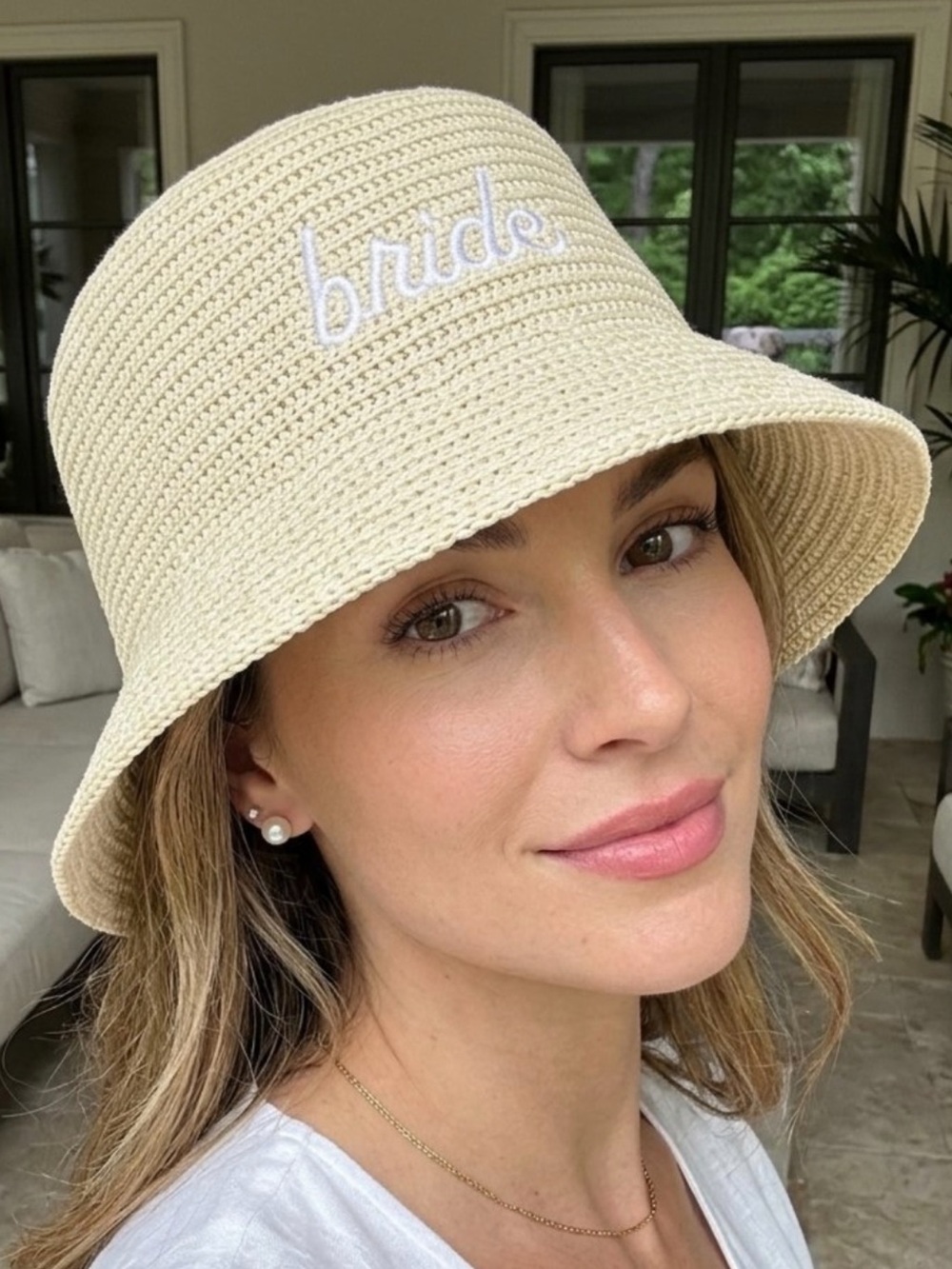 BRIDE Embroidered Crochet Bucket Hat - Cream